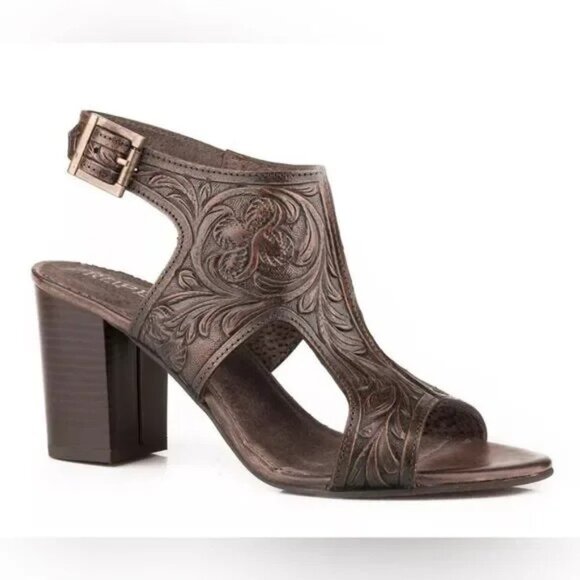 Roper Shoes - Roper tooled leather brown sandle size 8 -heel -3” leather insole open toe
